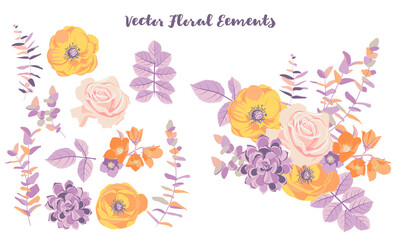 vector drawing composition with flowers and leaves and isolated elements, hand drawn illustration
