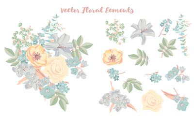 vector drawing composition with flowers and leaves and isolated elements, hand drawn illustration