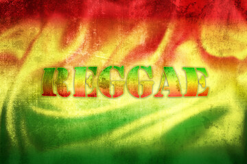Reggae label illustration on grunge Rastafarian flag