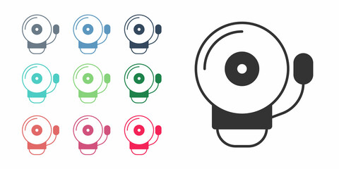 Black Ringing alarm bell icon isolated on white background. Fire alarm system. Service bell, handbell sign, notification symbol. Set icons colorful. Vector