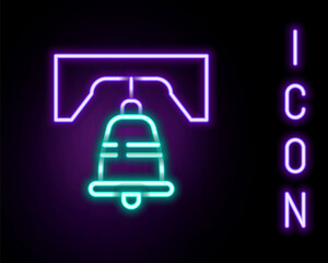 Obraz premium Glowing neon line Liberty bell in Philadelphia icon isolated on black background. Colorful outline concept. Vector