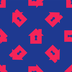 Red House under protection icon isolated seamless pattern on blue background. Home and shield. Protection, safety, security, protect, defense concept. Vector