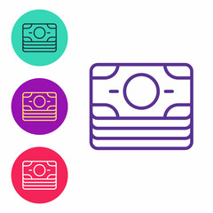 Set line Stacks paper money cash icon isolated on white background. Money banknotes stacks. Bill currency. Set icons colorful. Vector