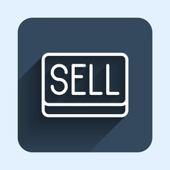 White line Sell button icon isolated with long shadow background. Financial and stock investment market concept. Blue square button. Vector