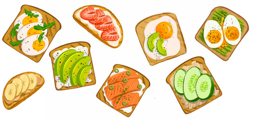drawing set of different toasts , healthy breakfast, hand drawn illustration