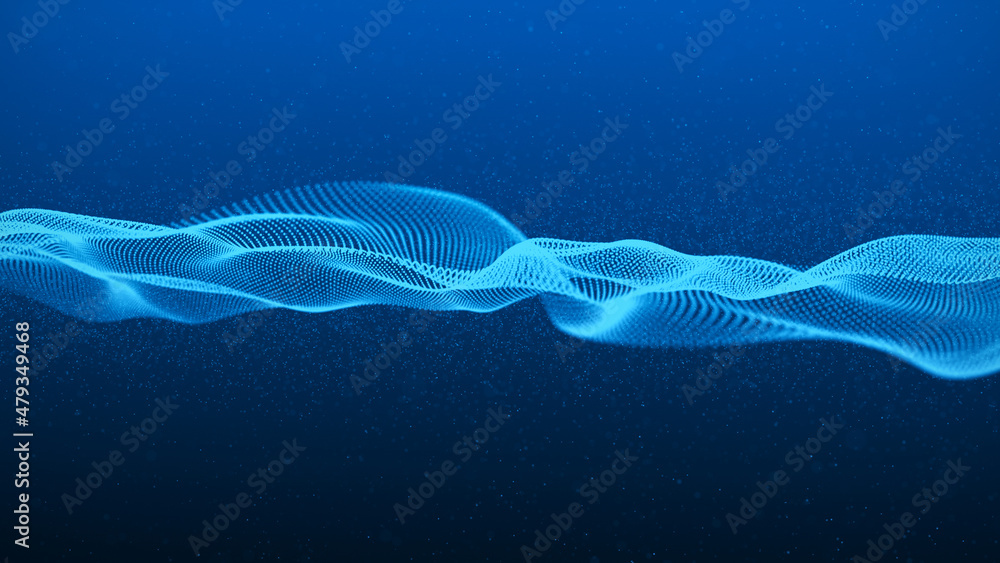 Poster dynamic blue wave on a blue background. big data. a futuristic wave of particles. science and techno