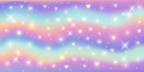 Fantasy background. Pattern in pastel colors. Wavy multicolored sky with stars and hearts. Vector