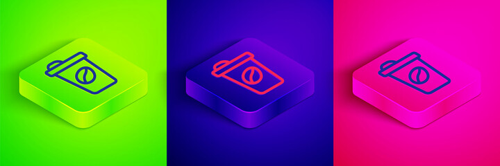 Isometric line Coffee cup to go icon isolated on green, blue and pink background. Square button. Vector