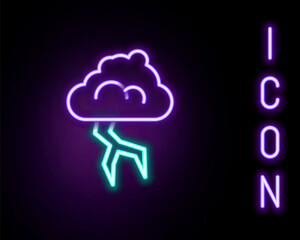 Glowing neon line Storm icon isolated on black background. Cloud and lightning sign. Weather icon of storm. Colorful outline concept. Vector