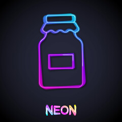 Glowing neon line Jar of honey icon isolated on black background. Food bank. Sweet natural food symbol. Vector
