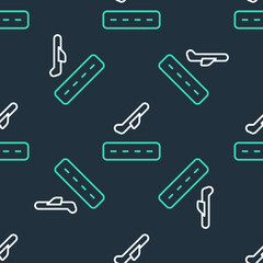 Line Plane takeoff icon isolated seamless pattern on black background. Airplane transport symbol. Vector