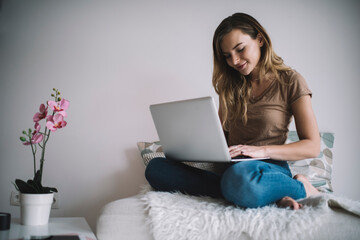 Caucasian female freelancer doing distance job during free time in home apartment connecting to wifi internet on modern laptop computer, skilled woman searching website for installing netbook update