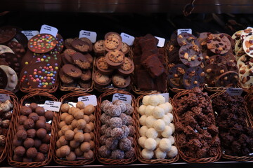 Luxurious chocolate pralines at a market