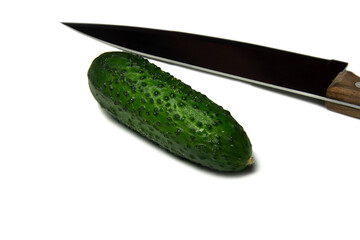 Isolated knife and cucumber on white background 