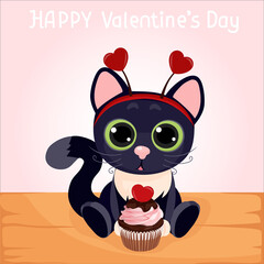 Fototapeta premium Happy Valentines Day. Cat. Heart. Love Greeting card. Flat design style. Vector illustration.