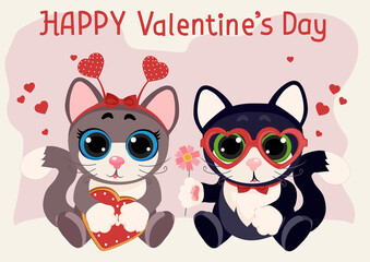 Happy Valentines Day. Cat. Heart. Love Greeting card. Flat design style. Vector illustration.