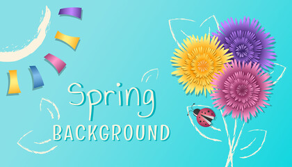 Spring background. Beautiful greeting card with colorful flowers, plants, ladybug, sky, foliage, sun and greeting text.  Nature concept. Vector template for banner, card, poster