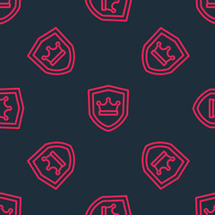 Red line Shield with crown icon isolated seamless pattern on black background. Vector