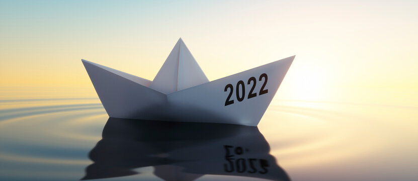 2022 Paper boat in a calm sea at sunrise sunset - 3D illustration