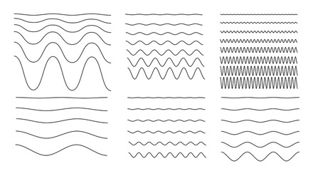 Waves and Zigzag. Wavy line. Wavy sinus separator and border with sharp, rounded corners. Serrated texture of various shapes. Waviness with different amplitudes. Vector illustration.
