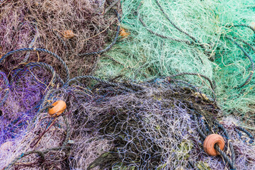 fishing nets and floats in the harbor
