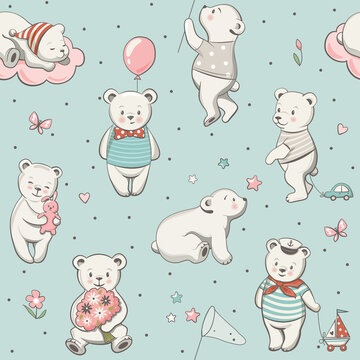 Fototapeta Cute animal pattern with bears, seamless childish background