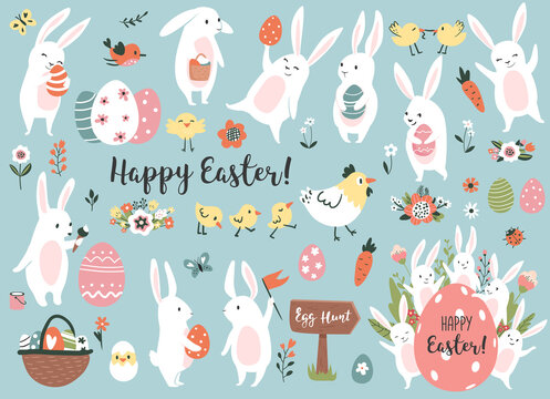 Easter set with cute bunnies, chickens, and easter eggs. Perfect for scrapbooking, sticker kit, tags, greeting cards, party invitations. Hand drawn vector illustration.