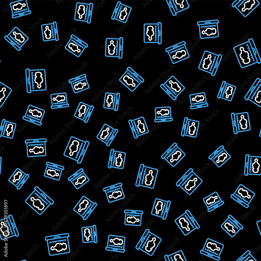 Poster line sound or audio recorder or editor software on laptop icon isolated seamless pattern on black ba