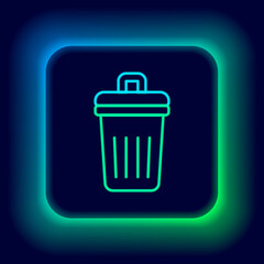 Glowing neon line Trash can icon isolated on black background. Garbage bin sign. Recycle basket icon. Office trash icon. Colorful outline concept. Vector