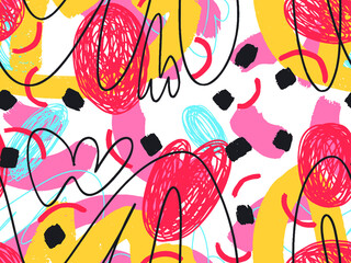 Seamless abstract doodle background pattern in bright summer positive colors. Hand-drawn abstract pattern with randomly arranged spots and dots and lines. Pencil and paint texture.