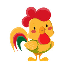 Vector cute rooster with red crest cartoon bird