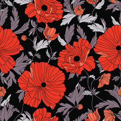vector seamless pattern flowers of poppies with leaves. Botanical illustration for wallpaper, textile, clothing, paper, postcards
