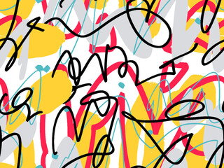 Seamless abstract doodle background pattern in bright summer positive colors. Hand-drawn abstract pattern with randomly arranged spots and dots and lines. Pencil and paint texture.