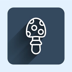 White line Amanita muscaria or fly agaric hallucinogenic toadstool mushroom icon isolated with long shadow background. Spotted poisonous mushroom. Blue square button. Vector