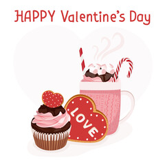 Valentines day coffee. Gingerbread heart. Holiday cookie in shape of heart. Illustration for valentine's day, wedding. Vector illustration.