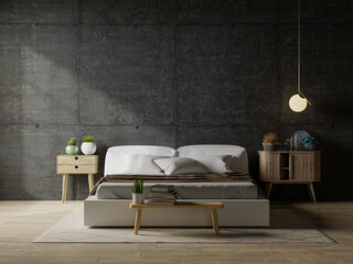 Fototapeta Dark bedroom interior mockup,white bed on empty concrete wall background. obraz