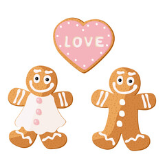 Valentines day. Gingerbread heart. Gingerbread couple. Holiday cookie in shape of heart. Illustration for valentine's day, wedding. Vector illustration.