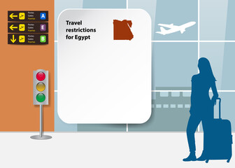 Travel restrictions for Egypt template.  Silhouette of a tourist is looking at a blank board at the airport. Ready for your text.