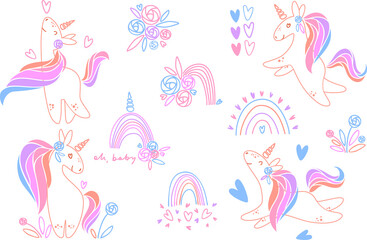 Cute unicorn set with rainbows, flowers and hearts in candy colors for kids designs
