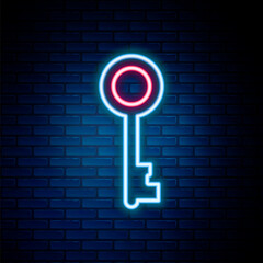 Glowing neon line Old key icon isolated on brick wall background. Colorful outline concept. Vector