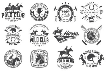 Set of polo club and horse riding club patch, emblem, logo. Vector illustration. Templates for polo club and horse riding sports club. Vintage monochrome label with equestrian, rider, helmet and horse