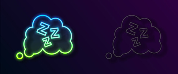 Glowing neon line Sleepy icon isolated on black background. Sleepy zzz talk bubble. Vector