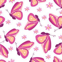 Seamless vector pattern with butterfly and flowers. Printing on wrapping paper, wallpaper, fabric, textiles. Spring background.