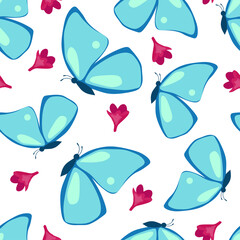Naklejka premium Seamless vector pattern with butterfly and flowers. Printing on wrapping paper, wallpaper, fabric, textiles. Spring background