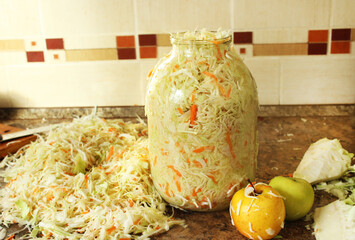 Close-up of cabbage in a bottle for fermentation, acidification. Cooking sauerkraut step by step. Traditionally European, German cuisine