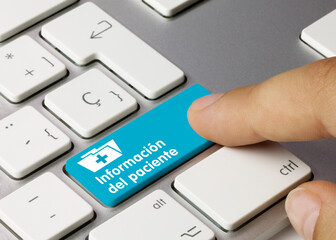 Información del paciente - Inscripción en la tecla azul del teclado. - obrazy, fototapety, plakaty