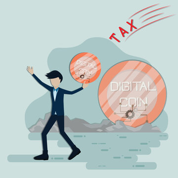 Flat design business finance,The happy man holding the digital coin,do not knowing the word tax coming to him - vector