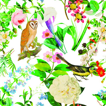 A beautiful and stunning repeated pattern of florals and birds free download perfect for fabrics, t-shirts, mugs, packaging etc