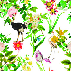 A beautiful and stunning repeated pattern of florals and birds free download perfect for fabrics, t-shirts, mugs, packaging etc