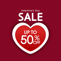 Valentine's Sale banner. Valentine's Day Sale 50% off Poster or banner with sweet hearts on red background. Promotion and shopping template or background.